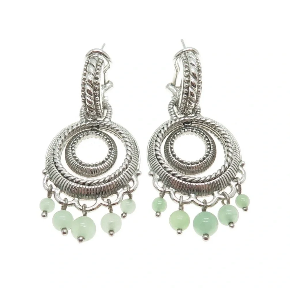JUDITH RIPKA 925 Sterling Silver Real Jade Dangle Charm Omega Back Earrings